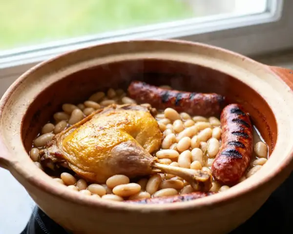 Un plat de cassoulet maison fumant dans une cocotte en terre cuite, avec un confit de canard doré et des saucisses grillées.