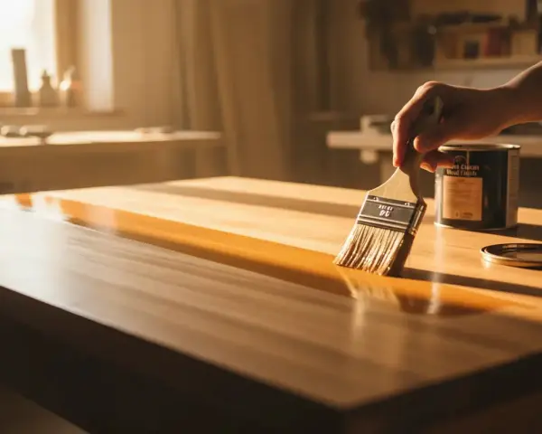 Mano che applica la finitura legno su un tavolo con un pennello, creando una superficie lucida e protetta.