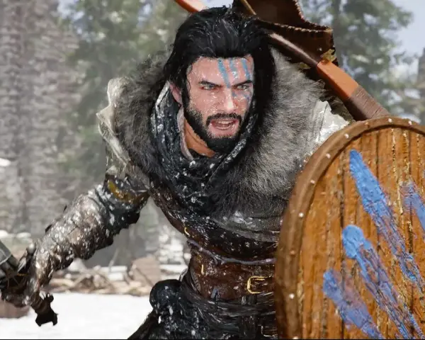 Guerrero con pintura facial azul y roja, escudo de madera y espada, listo para la batalla en un paisaje nevado, como en el **crimson desert denuvo**.