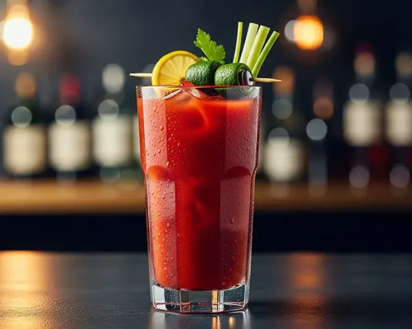 En glas blodig mary med is, garnerad med citron, gurka och selleri. Perfekt för en brunch.