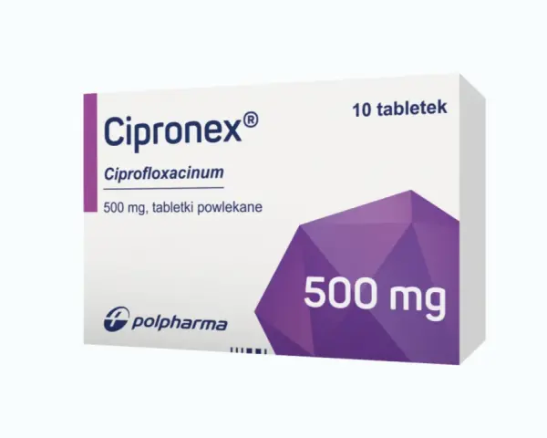 Opakowanie leku Cipronex 500 mg, zawierające 10 tabletek powlekanych.