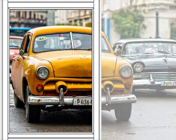 Taxis jaunes et noirs d'époque, une scène parfaite pour des photos à faire.