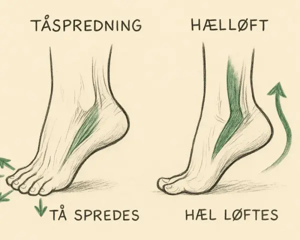 Illustrationer visar hur muskler i foten arbetar vid tåspridning och hällyft.