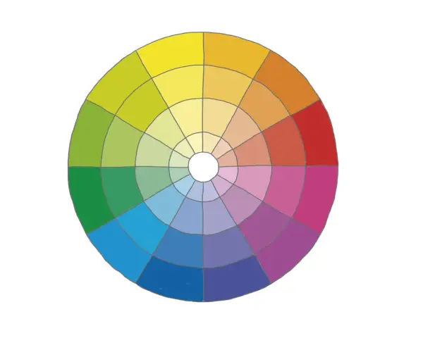 Un círculo cromatico con tonos de amarillo, verde, azul, morado, rosa y rojo, mostrando la armonía de los colores.