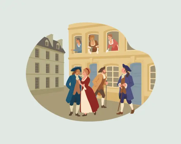 Escena de la antigua lengua francesa: hombres y mujeres con vestimenta de época pasean y conversan en una calle adoquinada.