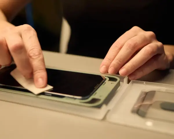 Delikatne czyszczenie ekranu telefonu przed nałożeniem szybki ochronnej. Instrukcja jak założyć szybkę na telefon krok po kroku.