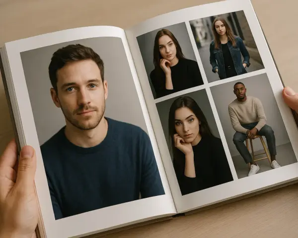 Un livre ouvert présente des portraits. Sur la gauche, un homme au regard intense. À droite, quatre portraits de jeunes femmes et un homme, montrant comment bien cadrer une photo pour un portfolio.