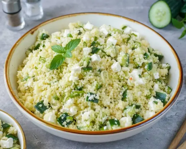 Frischer Couscous-Salat mit Gurkenwürfeln, Feta und Minze, garniert mit einer Minz-Dolde.