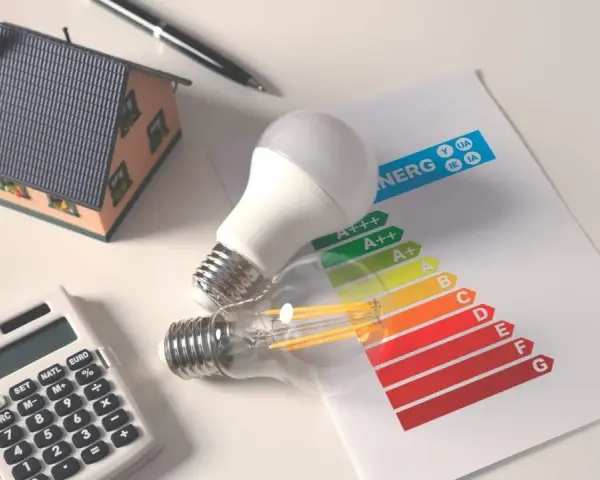 Casa modelo, bombillas, calculadora y etiqueta de eficiencia energética. Planifica la eficiencia energética de tu hogar.