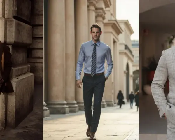 Uomo con outfit nero e marrone, completo sartoriale, camicia azzurra e abito grigio chiaro.