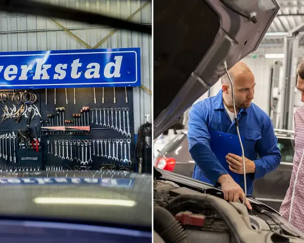 Mekaniker diskuterar med kund vad kostar service på bil. Verkstad med verktyg i bakgrunden.