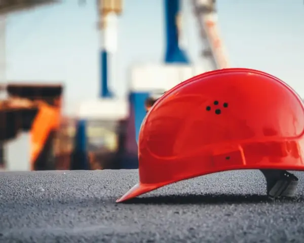 Czerwony kask budowlany na tle placu budowy. Symbol bezpieczeństwa pracy, który może wpływać na stopę procentową składek na ubezpieczenie wypadkowe.