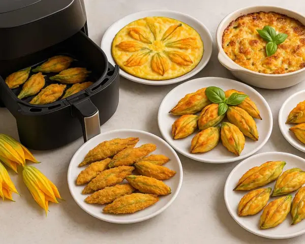 Fiori di zucca in friggitrice ad aria, dorati e croccanti, pronti per essere gustati. Un piatto leggero e saporito.