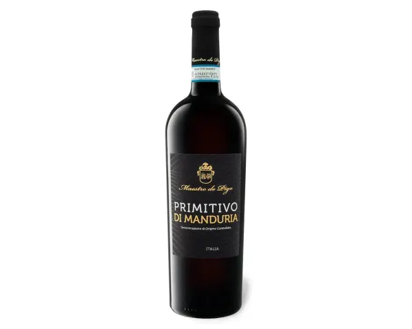 Butelka czerwonego, wytrawnego wina Primitivo di Manduria Maestro de Pigo. Idealne do kolacji.