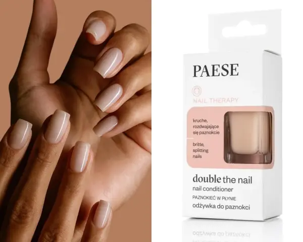 Dłonie z idealnymi, beżowymi paznokciami. Obok opakowanie odżywki do paznokci PAESE "double the nail" - najlepsza odżywka do paznokci dla kruchych i rozdwajających się.
