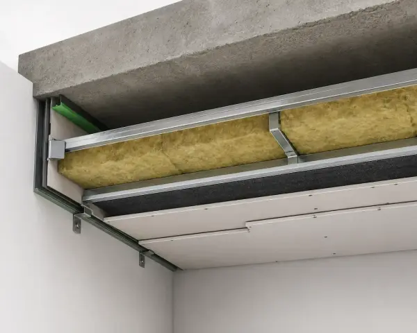 Dettaglio costruttivo di un controsoffitto insonorizzato con lana di roccia e pannelli in cartongesso.