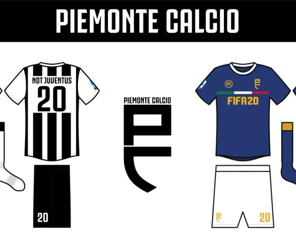Stroje piłkarskie Piemonte Calcio: czarno-białe w paski i granatowe. Numery 20 i logo FIFA20.