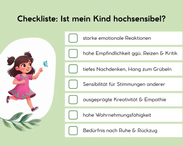 Ein Mädchen mit Schmetterling, umgeben von einer Checkliste für reizoffene Kinder. Merkmale wie starke Reaktionen und hohe Empfindlichkeit werden aufgeführt.