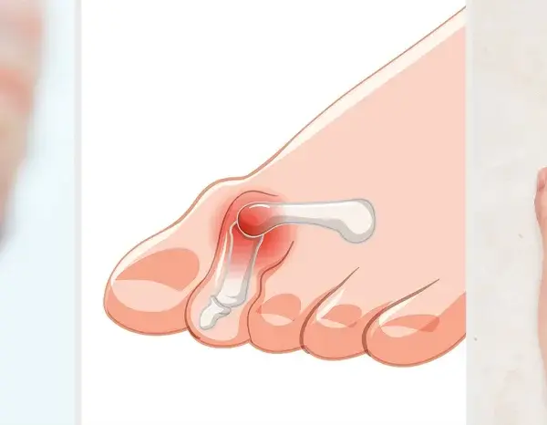Pie con juanete y uñas afectadas, resultado de usar zapatos estrechos en la parte delantera.