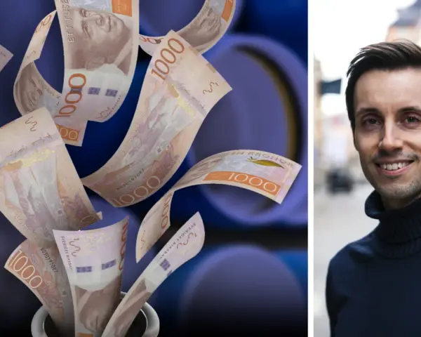 Svenska 1000-kronorssedlar virvlar upp ur en vas. En leende man i polotröja syns bredvid. En sparsam mens kan leda till oväntade pengar.