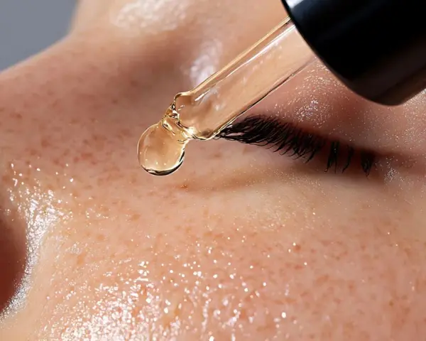 Goutte d'un sérum doré tombant sur une peau frecklée, essentielle à la routine soin visage matin et soir pour une peau éclatante.