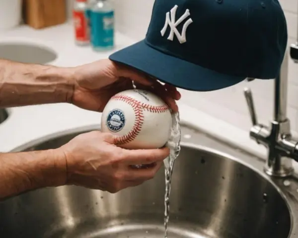 Czyszczenie czapki z daszkiem i piłki baseballowej pod bieżącą wodą.