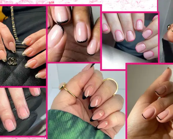 Collezione di unghie french particolare unghie gel: french con punte dorate, nere, rosa e glitter. Eleganza e stile.