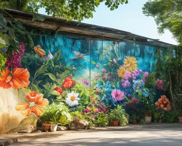 Un mur peint par un artiste peintre fleurs, vibrant de couleurs vives et de vie. Des oiseaux s'envolent parmi des hibiscus orangés et des fleurs exotiques.