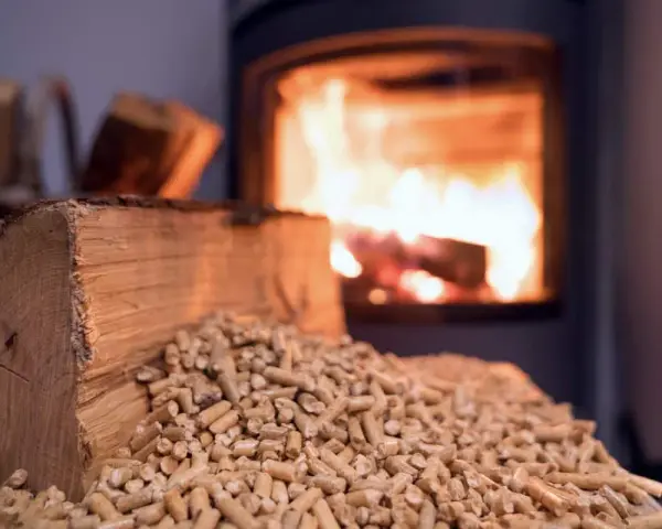 Un poêle à bois Prime Renov crache des flammes chaleureuses. Devant, une bûche et des granulés de bois attendent d'être utilisés.