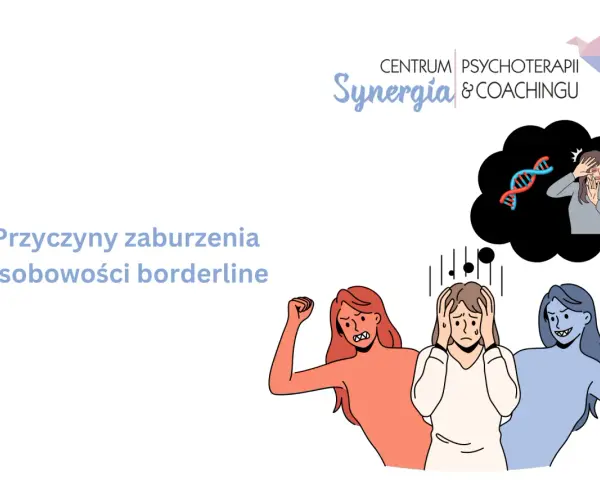 Ilustracja przedstawia trzy postacie symbolizujące emocje, w tym jedną zmartwioną, oraz myśl o DNA.