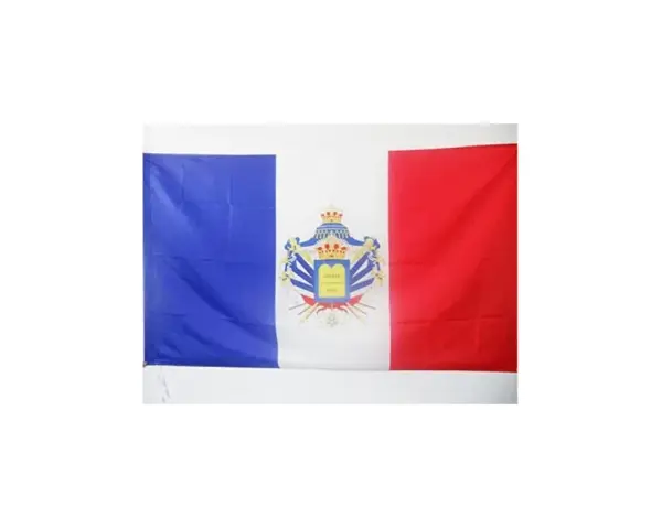 Bandera tricolor azul, blanca y roja con un escudo real coronado en el centro. Una bandera de Francia monárquica.