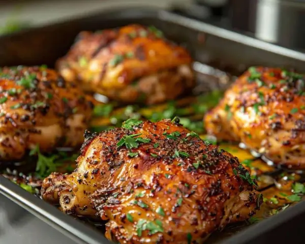 Quatre morceaux de blanc de poulet airfryer dorés et savoureux, parsemés de persil frais, prêts à être dégustés.