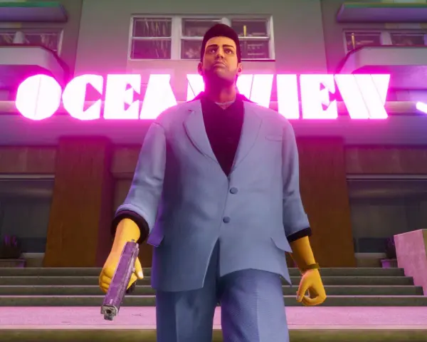 Tommy Vercetti z pistoletem przed neonowym napisem "OCEAN VIEW". Premiera GTA 3 była przełomem.