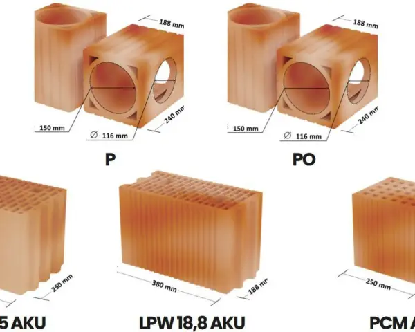 Elementy ceramiczne: pustak wentylacyjny z kanałem płaskim (P, PO) oraz pustaki budowlane (25 AKU, LPW 18,8 AKU, PCM AK) z wymiarami.