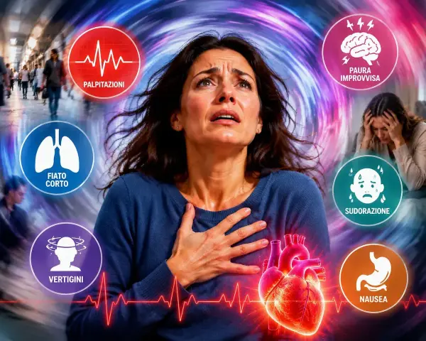 Donna in preda al panico, con sintomi come palpitazioni, fiato corto, vertigini, sudorazione, nausea e paura improvvisa. Si può morire per un attacco di panico.