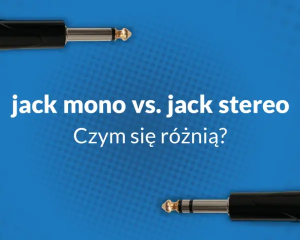 Dwa kable jack, jeden mono, drugi stereo, na niebieskim tle.