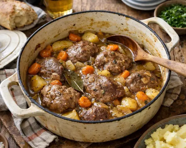 Un plat mijoté de joue de porc au cidre, avec pommes de terre et carottes, servi dans une cocotte en fonte.