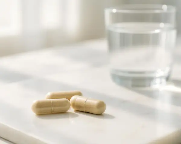 Tre capsule beige e un bicchiere d'acqua su una superficie chiara. Scopri quali sono i probiotici per il tuo benessere.