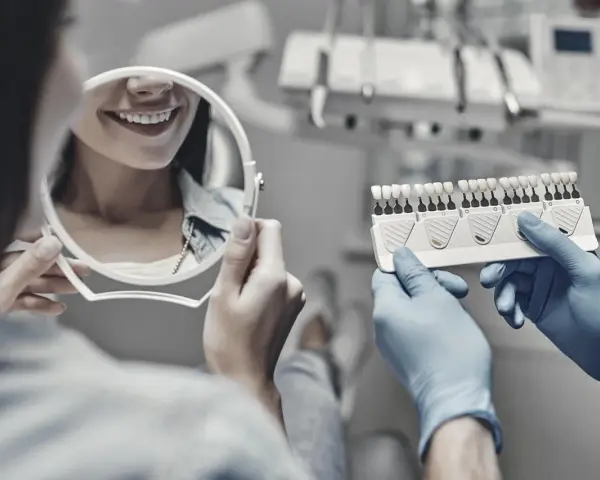 Dentysta pokazuje pacjentce wzornik kolorów zębów, pacjentka ogląda swój uśmiech w lusterku.