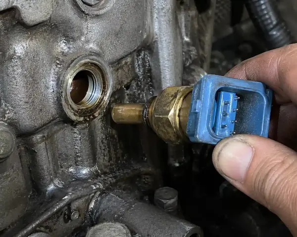 Błąd czujnik temperatury płynu chłodzącego. Mechanik wymienia uszkodzony czujnik w silniku.