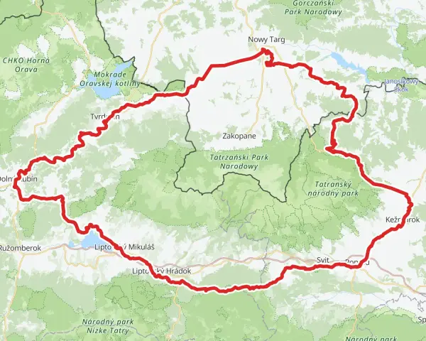 Mapa z zaznaczoną czerwoną trasą rowerową velo czorsztyn, prowadzącą przez Tatry i Niskie Tatry.