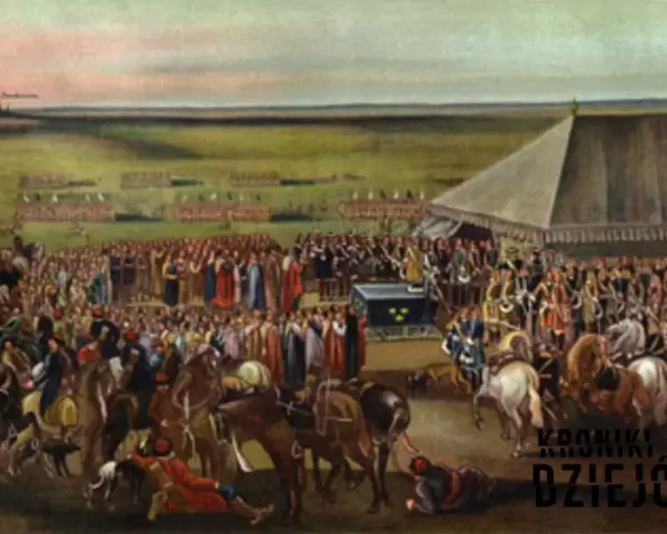Uroczystość na polach, gdzie zgromadził się tłum ludzi i wojsko. Może to być scena związana z odszkodowaniem za potop szwedzki.