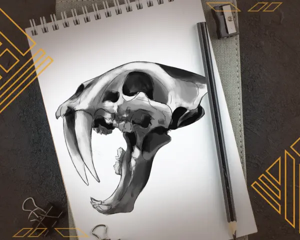 Présentation dessin d'un crâne de tigre à dents de sabre, esquissé au crayon sur un carnet. Un crayon et un taille-crayon sont à proximité.