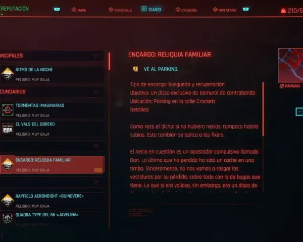 En pantalla de diario de Cyberpunk 2077, se muestra la misión "Encargo: Reliquia Familiar", una reliquia familiar cyberpunk que busca un disco de Samurai.