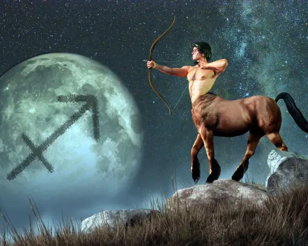 Centaur z łukiem celuje w księżyc z symbolem Strzelca. Jego ascendent w strzelcu jest gotowy do lotu.