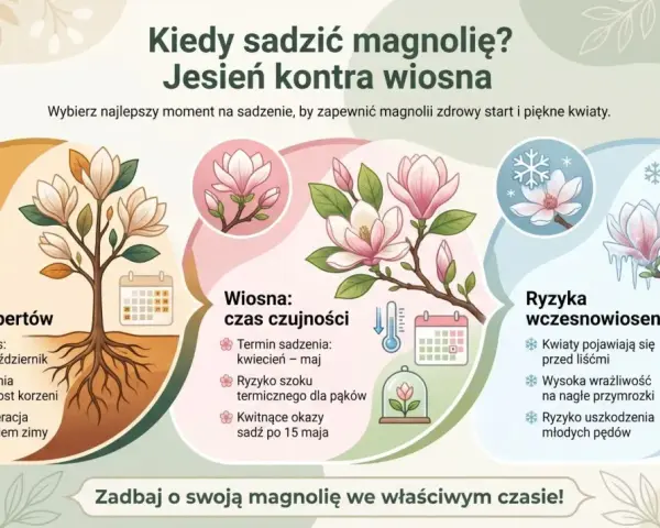 Jesień to najlepszy czas, kiedy sadzić magnolię. Wrzesień-październik sprzyja regeneracji korzeni przed zimą. Wiosną magnolie są wrażliwe na przymrozki.