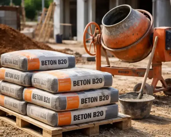 Stos worków z betonem B20 na palecie, obok betoniarki i wiadra z zaprawą.