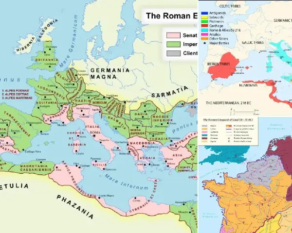 Mapa del Imperio Romano mostrando sus etapas de expansión y control territorial.