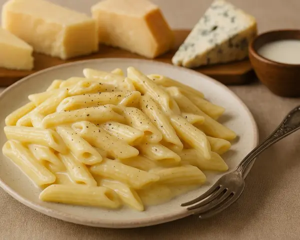 Penne w sosie serowym, obok kawałki sera, w tym gatunek owczego sera, i mleko.