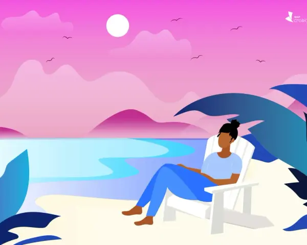 A person sits in a white Adirondack chair on a beach, enjoying the sunset. The scene is a perfect way to relax and recharge.